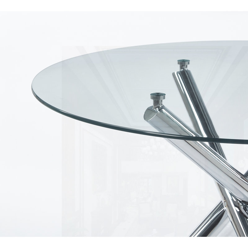 Dining Table with metal leg and glass, Chrome, 29.13"H x 47.24"L x 47.24"W