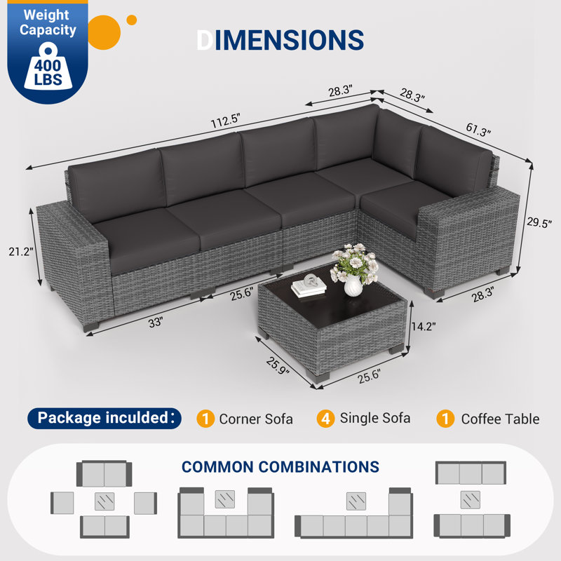 5 - Person Outdoor Rattan Sectional Seating Group With Cushions, Grey, Black