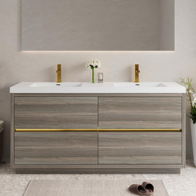 Meuble-lavabo autoportant 70,87 po avec double lavabo, Bois de frêne gris