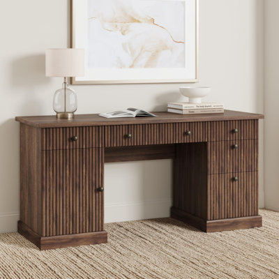 60" Office Desk with Storage and Drawers, Fluted Wood Computer Desk with Power Outlets, Adjustable Shelves, Executive Home Desk