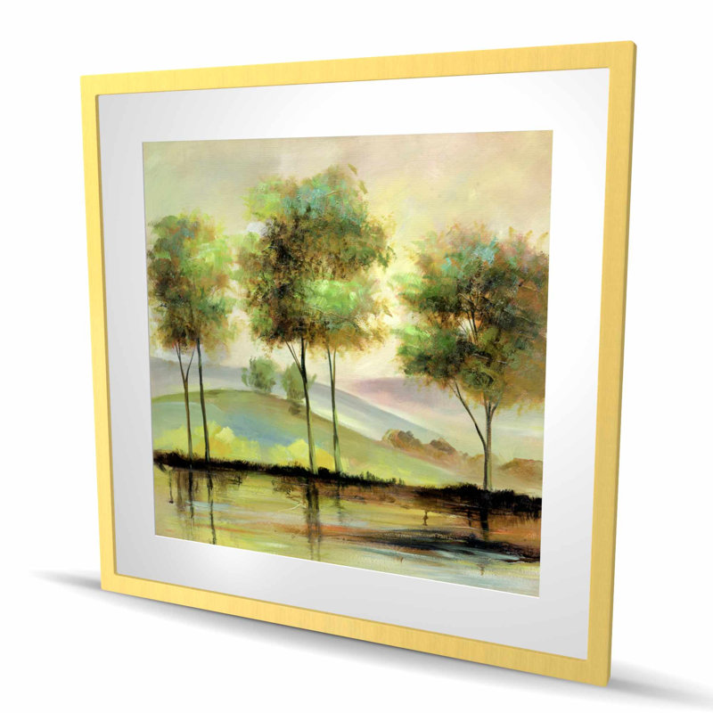 Arbres près du lac - paysages verts, reproduction encadrée, Doré