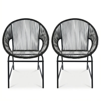 OUTDOOR PATIO WICKER CHAIR, BLACK PE RATTAN & IRON FRAME, SET OF 2