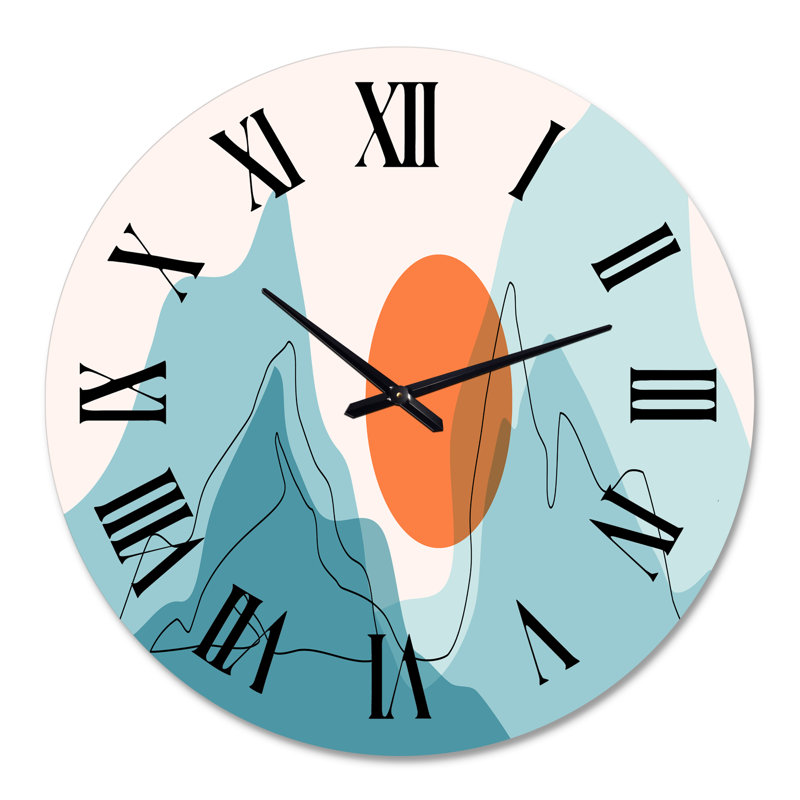 Lune rouge sur les montagnes bleues abstraites I - horloge murale moderne, Surdimensionné