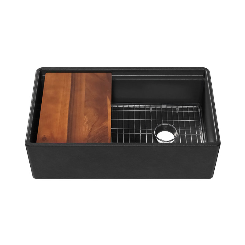 Whitehaus Collection Front Apron Single Bowl Fireclay Kitchen Sinks with Cutting Board and Grid, 33", Matte Black