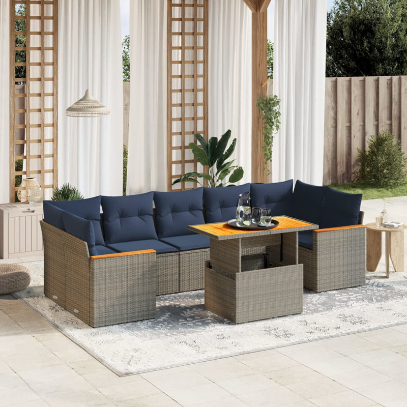  8 Piece Patio Sofa Set With Cushions Poly Rattan, Gray, Blue