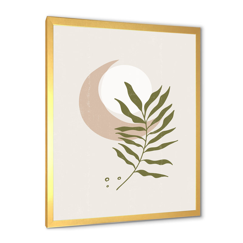 Lune géométrique abstraite avec feuille II - impression sur toile, H 32 po x l 24 po x 1,5 po, Toile encadrée d'or