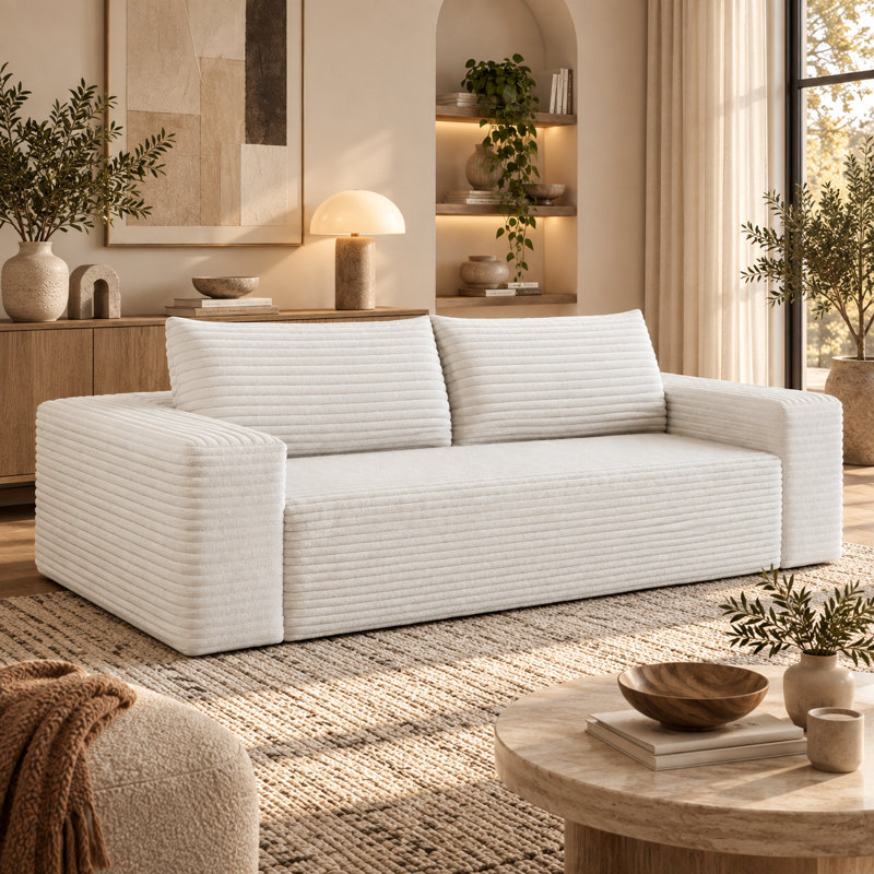 Canapé 2 places 160 cm, revêtement en velours côtelé, assise profonde et confortable, aucun assemblage requis, canapé rembourré pour salon, chambre, appartement, salle de conférence, blanc