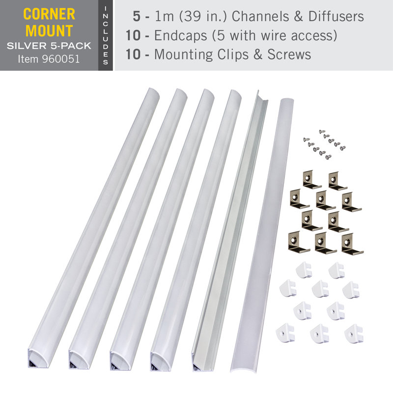 Silver Corner Mount LED Tape Light Channel with Diffuser, 5-Pack