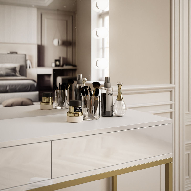 Angrist Dressing Table with Mirror, White High Gloss/Gold Matt