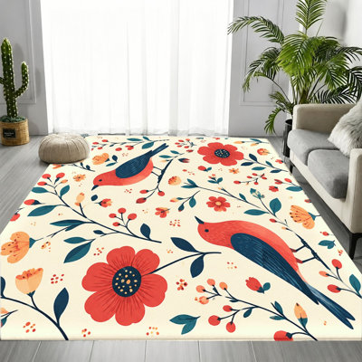 Tapis lavable à motif floral et oiseaux éclatants, fond crème, surface velours, doux et antidérapant, décoration intérieure moderne pour salon, chambre, entrée, bureau, balcon, appartement