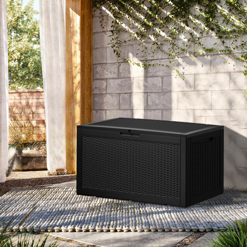 100Gallons Water Resistant Resin Lockable Deck Box(Rattan weave style), Black