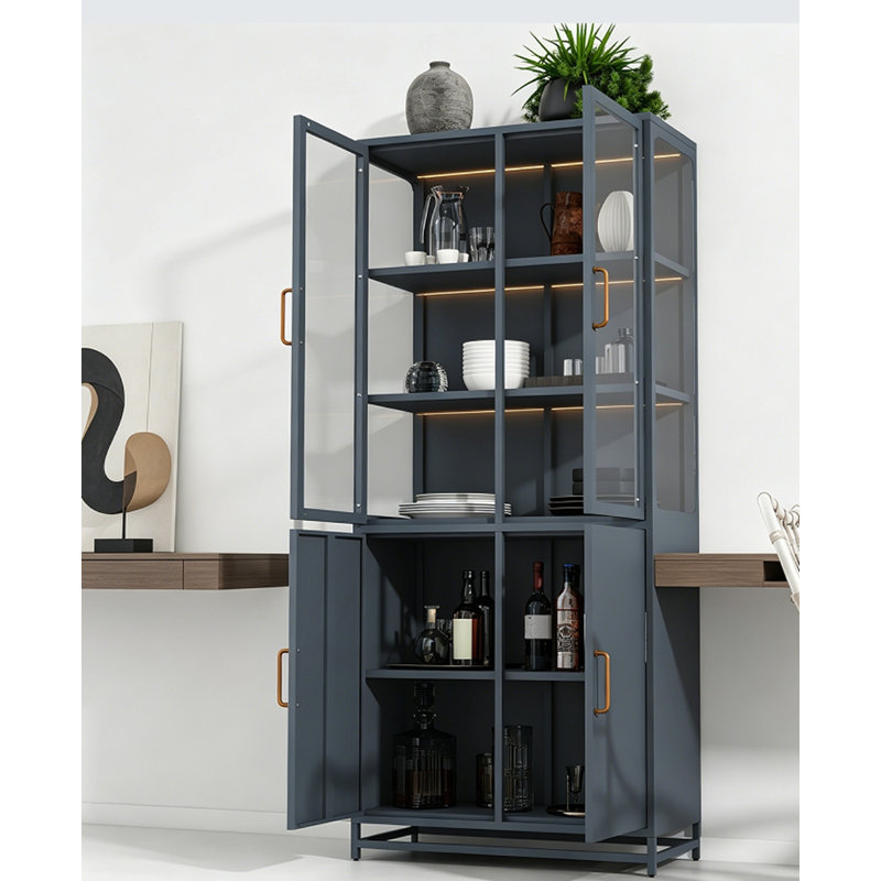76.75" Tall Display Cabinet With Glass Doors And LED Lights, Dark Blue