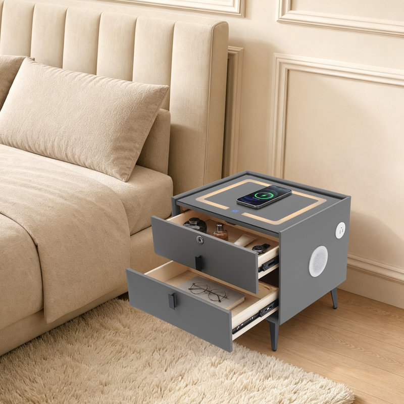 Bluetooth Speaker Smart Bedside Table With Light USB& Wireless Charging, Dark Gray