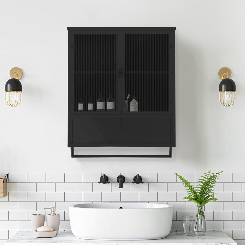 23.62"Glass Doors Modern Two-Door Wall Cabinet With Featuring Two-Tier Enclosed Storage, An Open Shelf, And Towel Rack, For Entryway Living Room Bathroom Dining Room,Black