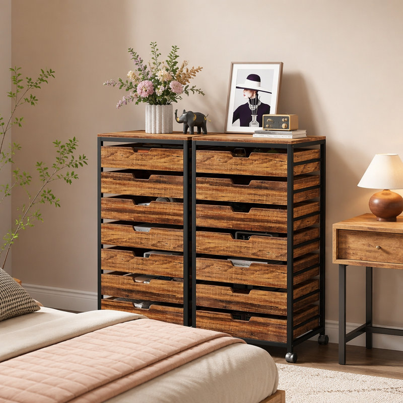 7-Drawer Storage Dresser Cabinet With Wheels, Industrial Wood Chest Organizer With Metal Frame, Mobile Drawer Unit For Office, Bedroom, Entryway, Living Room – Rustic Brown