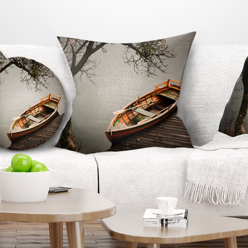 Petit bateau à rames - Coussin imprimé de bateaux, 18 po x 18 po, Coussin décoratif