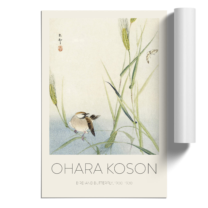 Bird And Butterfly by Ohara Koson - No Frame Painting, 42cm H x 30cm W x 0.1cm D