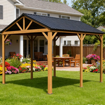 12x20ft Hardtop Gazebo with Galvanized Steel Gable Roof and Wood Grain Aluminum Frame, Permanent Outdoor Pavilion for Patio & Garden, Yellow Brown