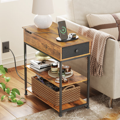 Reggis 24'' End Table with Power Outlets & USB, Side Table with Drawer and 2 Shelves, Farmhouse Side Table for Small Spaces, End Table With Drawer For Living Room, Bedroom