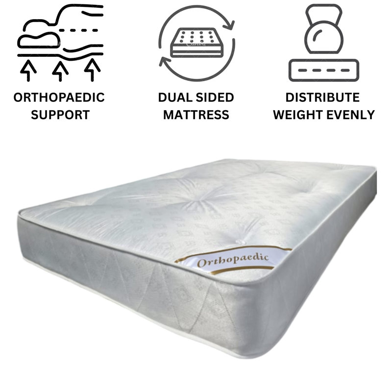 Budget Friendly Orthopaedic Med-Firm Mattress, White Damask Cover and border, Dual Sided, Tufted, 22CM / 9 INCH Deep.