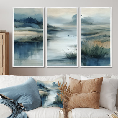 Blue And Grey Foggy Morning River Run  - River Large Wall Art Print Set