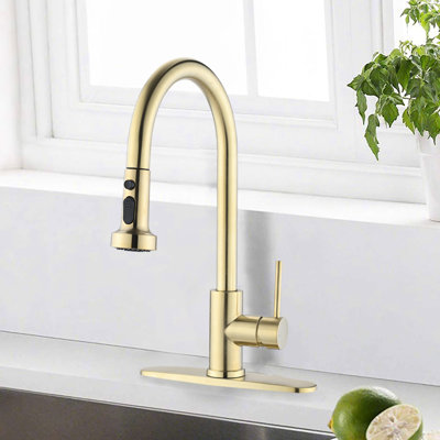 Robinet de cuisine en acier inoxydable brossé doré avec douchette rétractable - Bouton de grattage, de rouille et de tache ponctuelle pour un débit d'eau de 7,28 po, hauteur de rotation de 360 gal / min