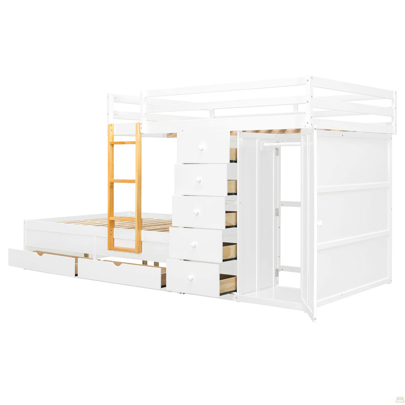 Lit superposé double avec 2 grands tiroirs et 5 petits tiroirs, Blanc