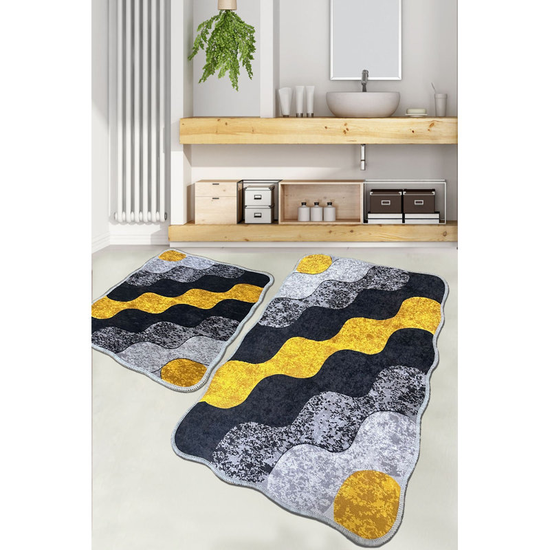 Premium Bathmat Set (2 Pieces) - 100% Polyester, Antibacterial, Non-Slip Underside | Large 23.6 x 39.4 inches & Small 19.7 x 23.6 inches | Stylish Yellow, Anthracite & Grey | Machine Washable, Perfect for Home & Bathroom Decor