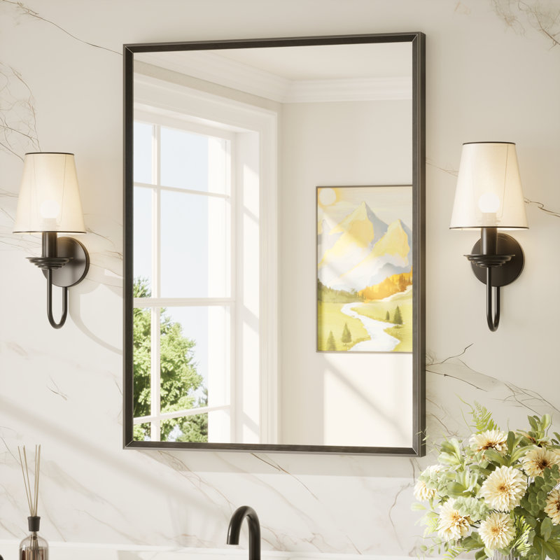 Miroir de salle de bain avec cadre en aluminium et verre trempé, Noir mat, Rectangulaire, 32 po x 24 po