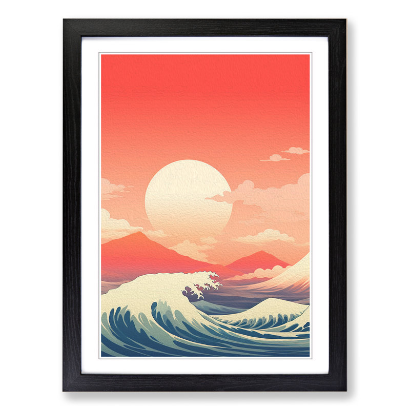 Wave Japanese Minimalism - Framed Print, 64cm H x 46cm W, Black Framed
