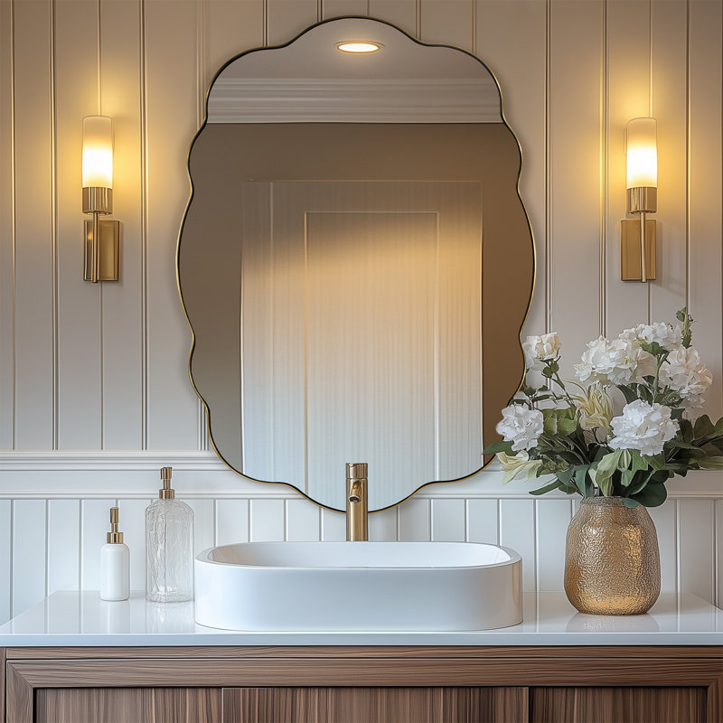 Contemporary Wavy Oval Scalloped Bathroom Vanity Mirror | Stainless Steel Frame, Brushed Gold, 40" x 30"