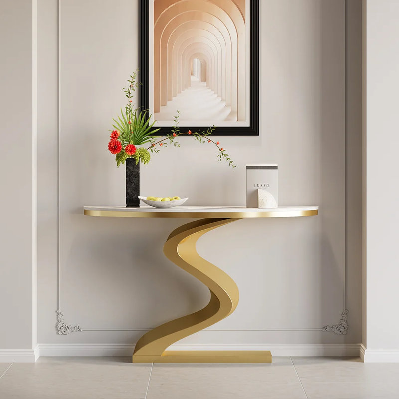 Modern 39.4" White & Gold Curved Console Table with Sintered Stone Top Half Moon Shape