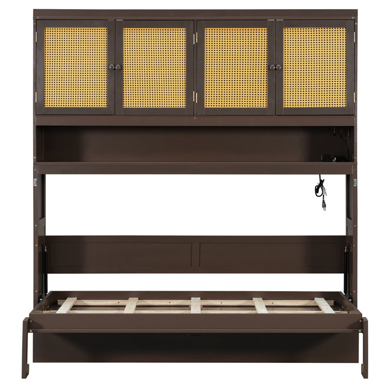 Lit escamotable avec armoire supérieure, lit pliable peu encombrant avec éclairage intégré et charge USB, Espresso