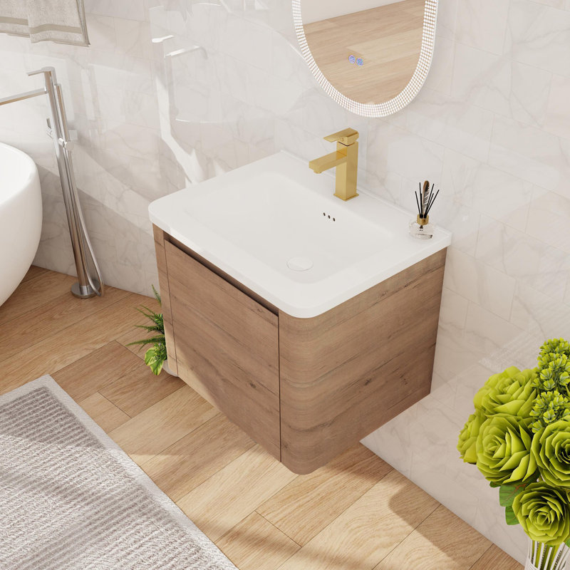 Meuble-lavabo mural 24 po avec lavabo en céramique à une porte, Brun, 24"
