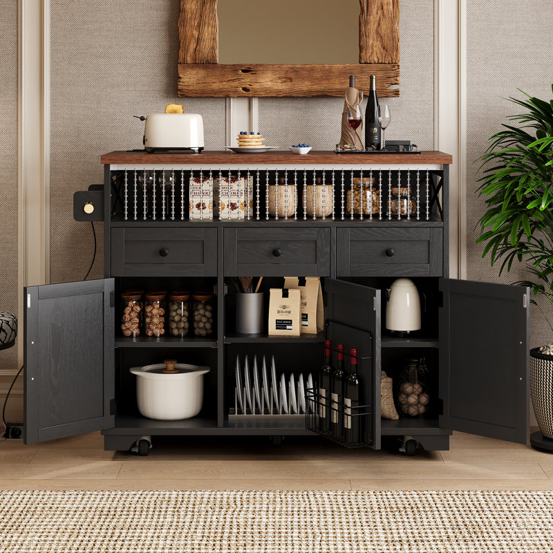 Chariot pour îlot de cuisine 46,5 po avec drapé perlé, abattant, prise de courant, 3 tiroirs et 3 portes, noir, Noir