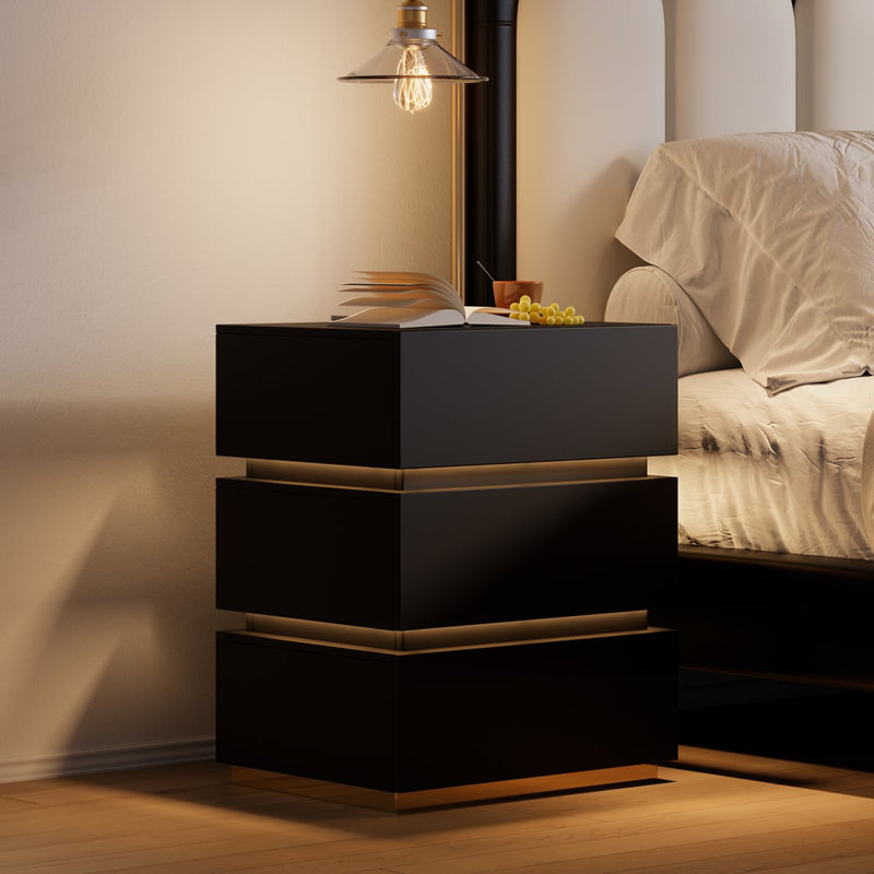 3-Drawer LED Smart Black Beside Table with Wireless Charger