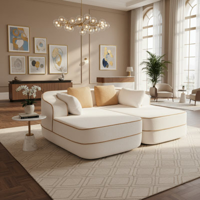 77" Reception Sectional Sofa with Double Chaises, No Assembly Teddy Fabric Seating for Office Lobby & Waiting Areas, Beige
