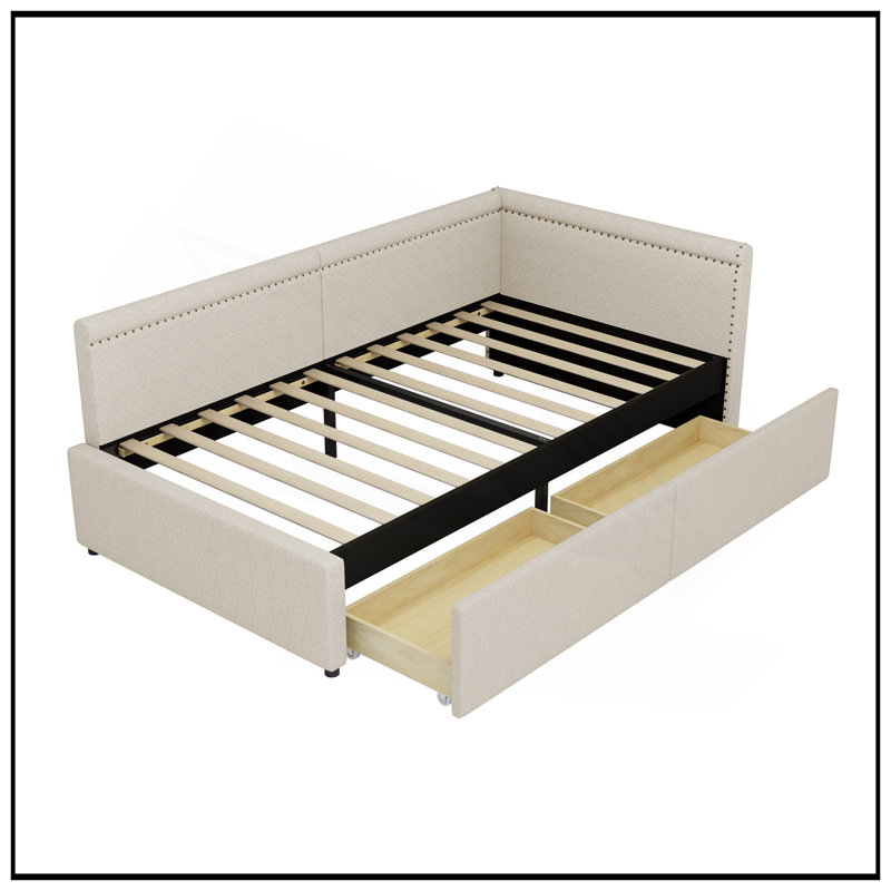 Modern Style Twin Size L Shape Corner Bed, Linen Upholstered Daybed With Two Storage Drawers For Space Efficiency, Beige