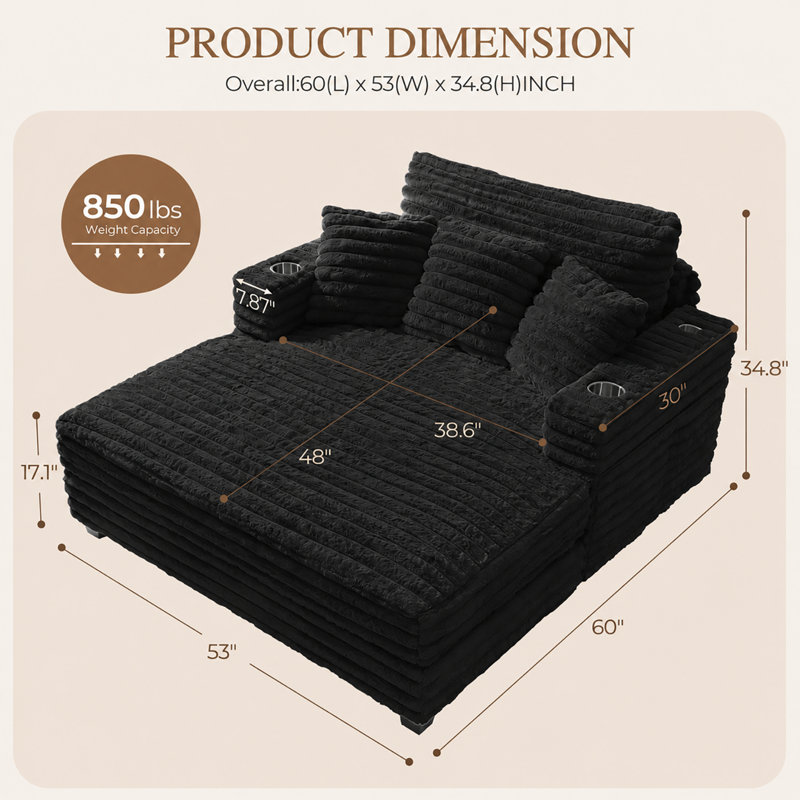 Très grand canapé-lit moderne surdimensionné avec revêtement en fausse fourrure moelleuse et ensemble d'oreillers, Black