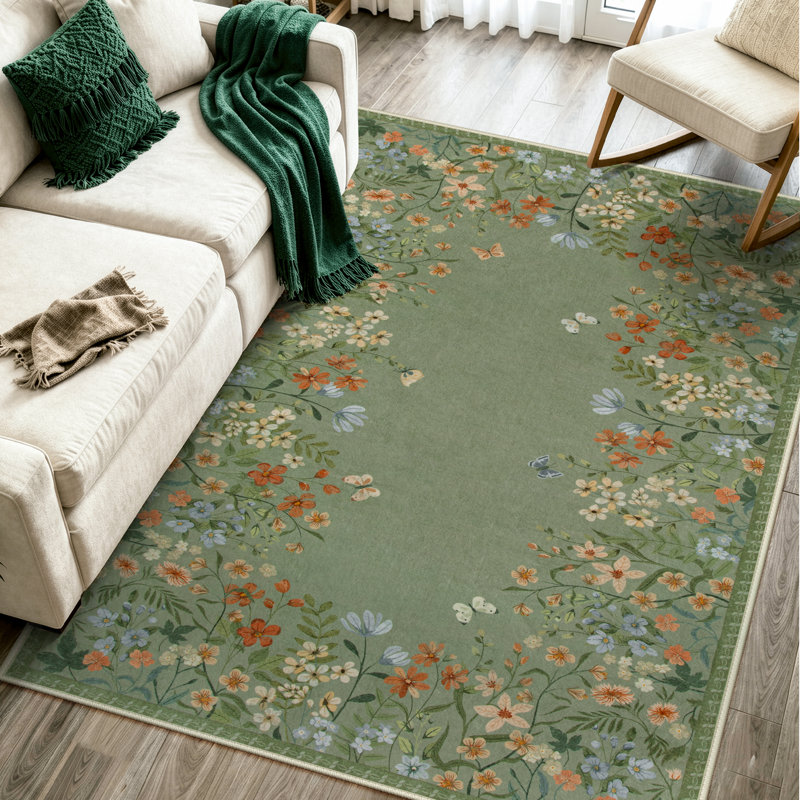 Floral Vintage Washable Green/Gray 4X6 Area Rug with Non Slip Backing - Low Pile Durable Carpet for Living Room, Bedroom, Dining Room or Office Decor