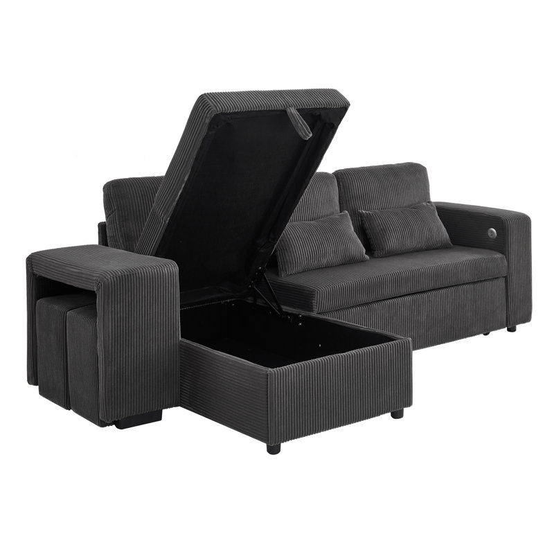 L-shaped Convertible Sofa Bed With Storage Chaise, Dark Grey