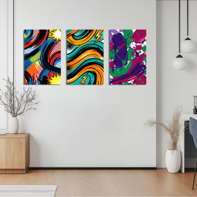 Pop Art Abstract Waves And Splashes Canvas Wrapped Wall Art Oil Painting Print Set Of 3