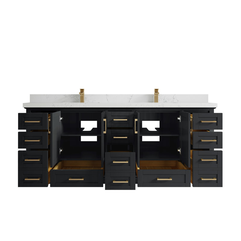 84 po Boston X P 22 po De meuble-lavabo double en fer forgé Quartz doré Calacatta, Empira blanc