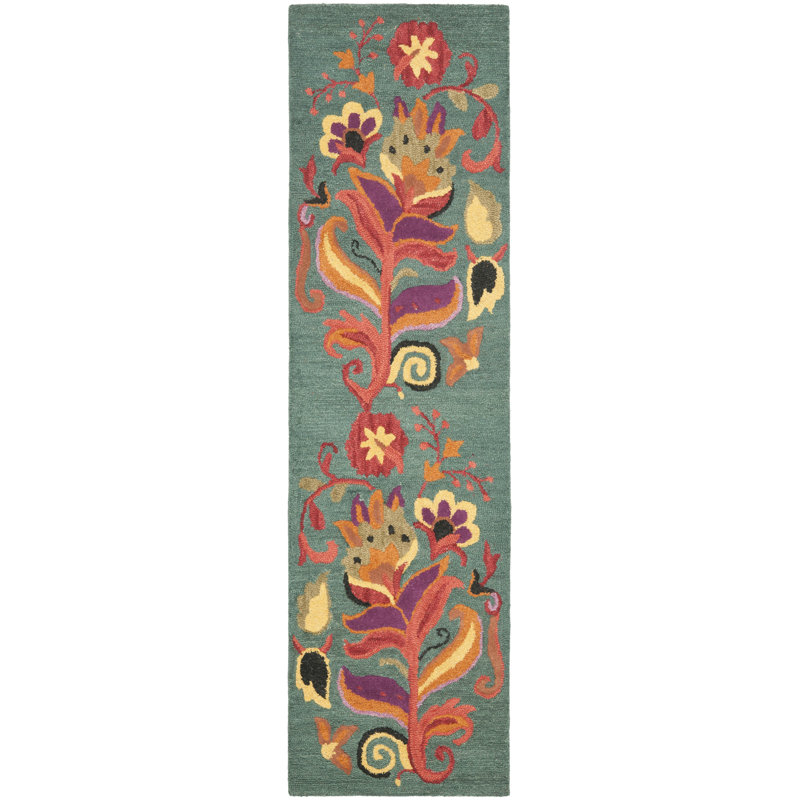 Jahiem Hand-Hooked Wool Dark Green Teal Area Rug, Runner 2'6" x 10'