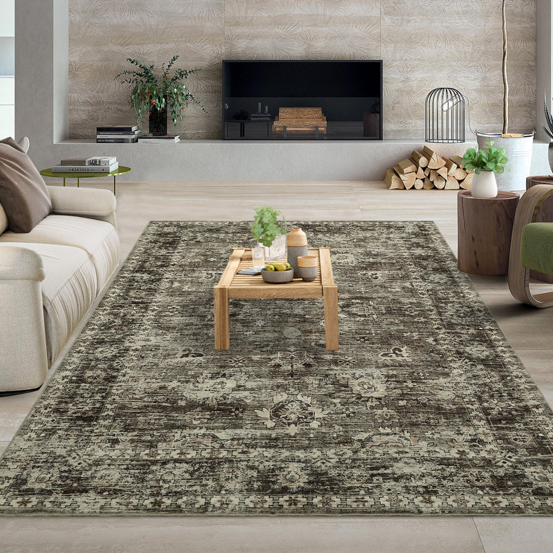 Oriental Machine Washable Rug with Rubber Backing for Living Room Vintage Non-Slip Dining Room Rug Easy-Cleaning Floor Carpet for Bedroom Office Playroom