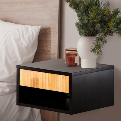 Elise 15.7" Modern Floating Wall Mounted Nightstand, Bedside Table with Fluted Drawer, Open Shelf & Cable Management, Dark Brown/Light Oak