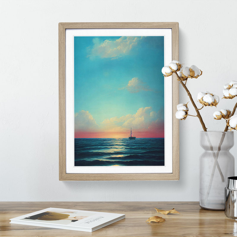 Boat Seascape - Print, 66cm H x 48cm W x 2cm D, Oak Framed, White