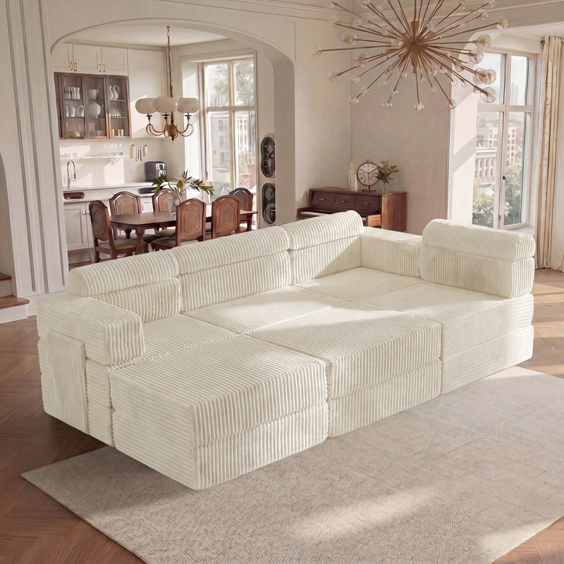  Sisler 6 Piece 141.6" Oversized L Shape Upholstered Convertible Modular Corduroy Compression Sofa with Storage Pockets, No Assembly