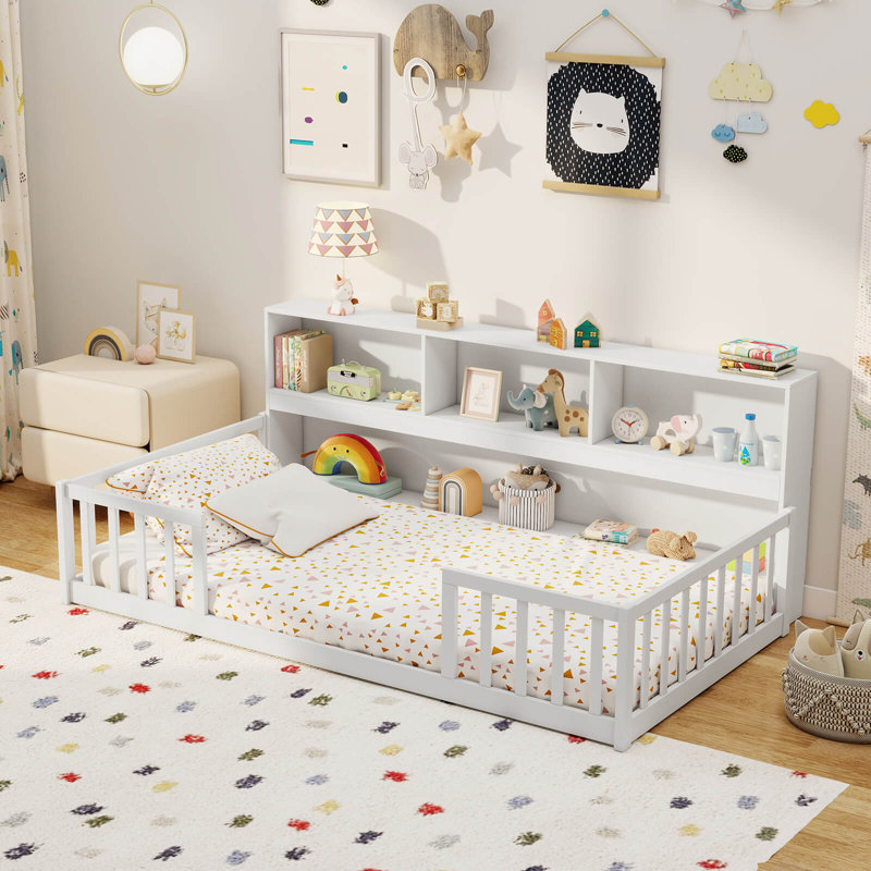 Montessori Floor Bed With Bookcase Storage Shelves & Safety Fence Rails, Twin, White