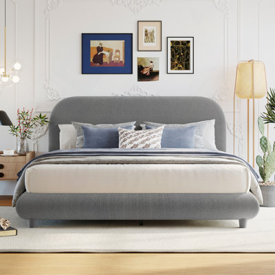 Teddy Fleece Queen Size Upholstered Platform Bed With Thick Fabric, Stylish Curve-Shaped Design